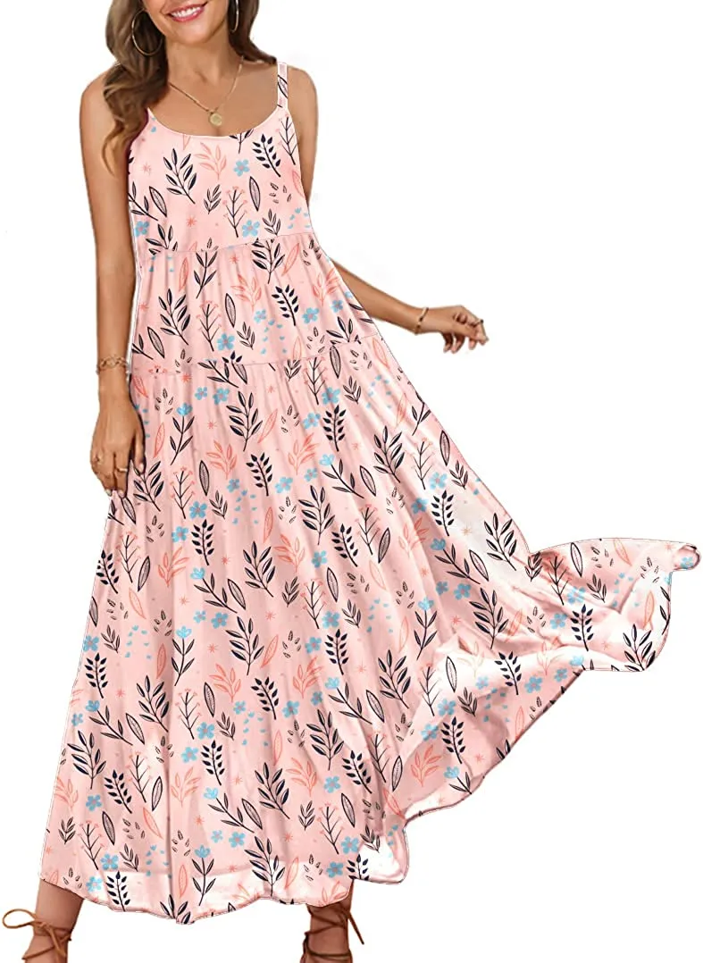 Summer Dresses for Women Casual Loose Bohemian Floral Dress with Pockets Spaghetti Strap Maxi Dress E75