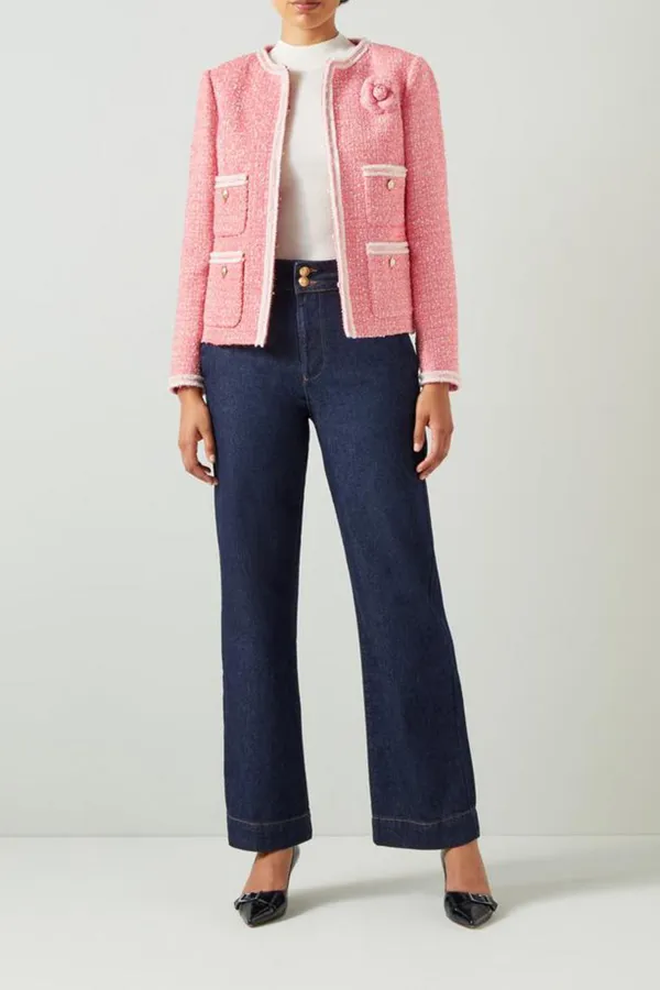 Pink Tweed Flower Detail Short Jacket