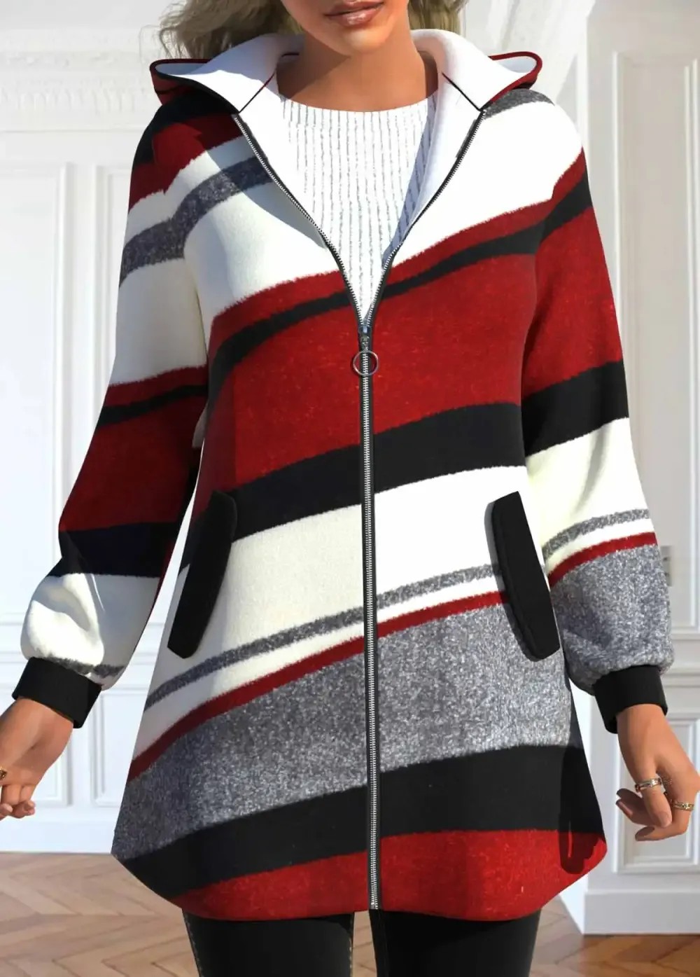 Wine Red Pocket Geometric Print Long Sleeve Hooded Coat