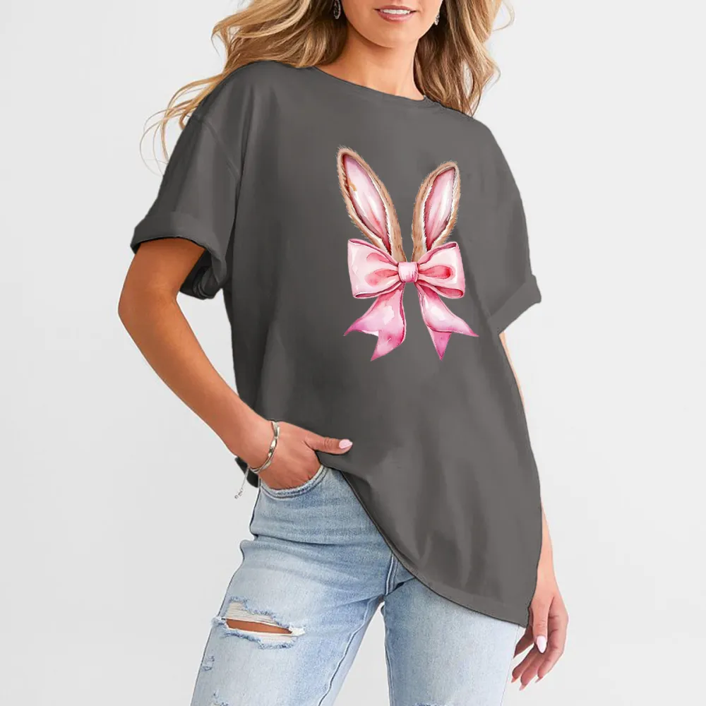A Cartoon Pink Bunny Ears And Pink Bow Combination Pattern, Cute, Casual T-Shirt