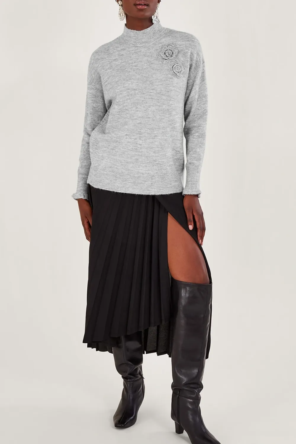 Grey Turtleneck Flower Embroidery Knit Top