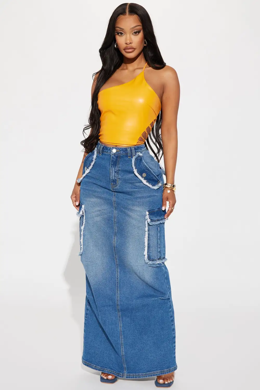 Wrapped Up One Shoulder PU Top - Orange