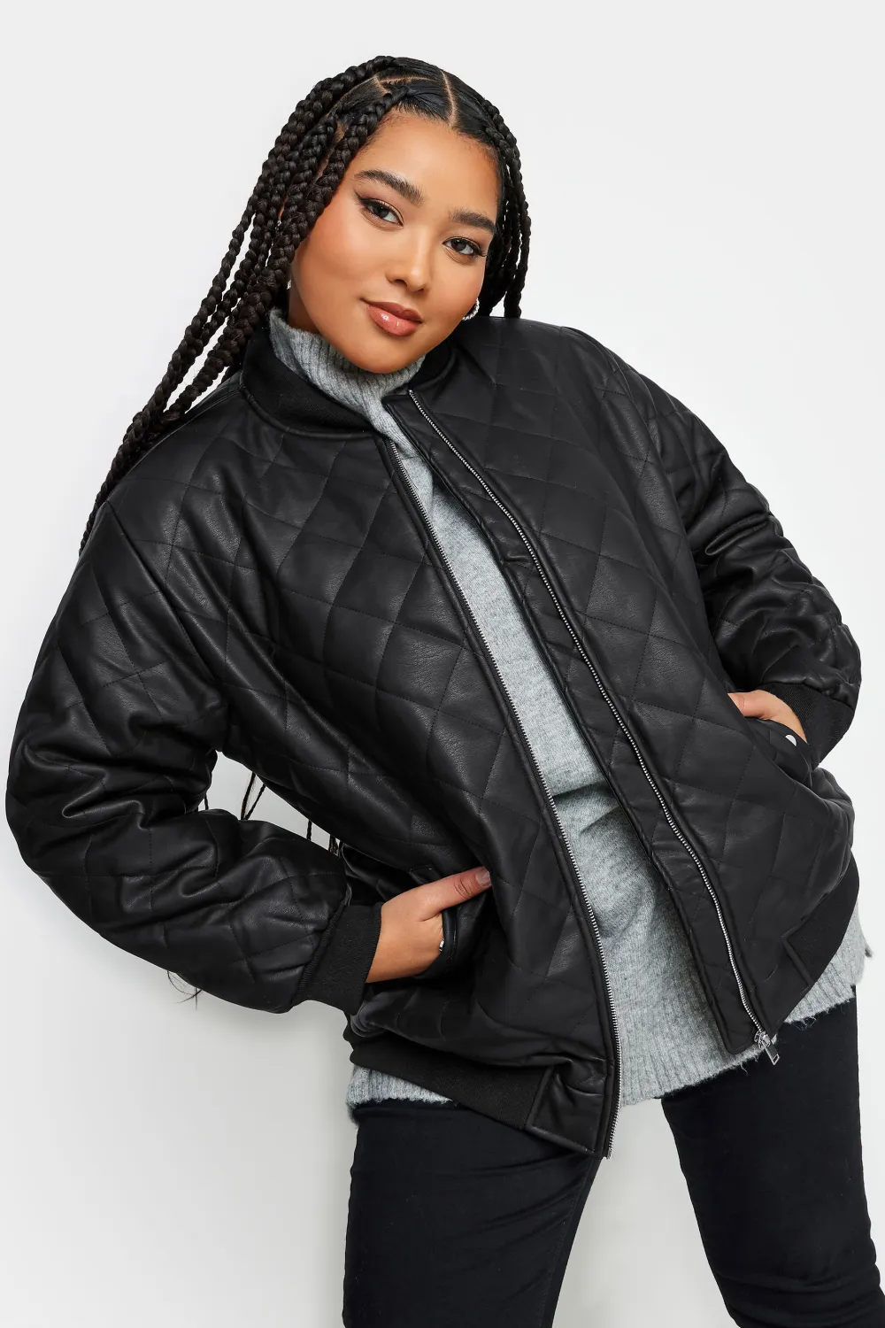 YOURS Curve Black Quilted Faux Leather Bomber Jacket