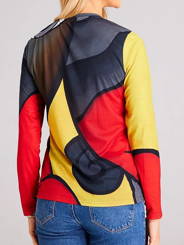 Women's Plus Size T shirt Tee Graphic Geometric Casual Holiday Red Blue Gray Print Long Sleeve Vintage Ethnic Round Neck Fall & Winter