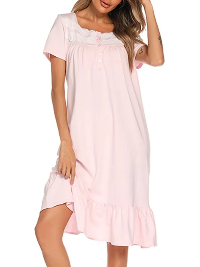 Women's Pajamas Nightgown Dress Pure Color Basic Simple Casual Home Daily Bed Cotton Breathable Square Neck Short Sleeve Dress Button Spring Summer White Pink