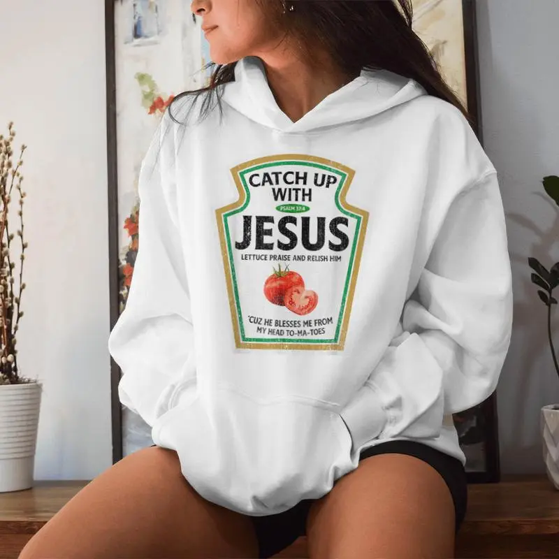 Retro Catch Up With Jesus Ketchup Christian Ketchup Women Hoodie