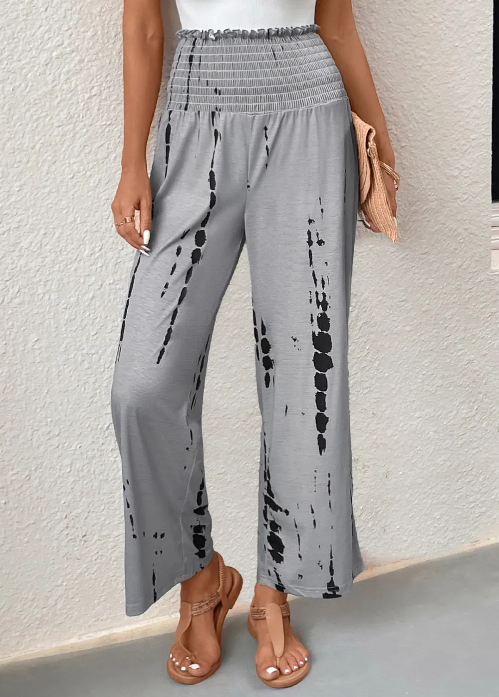 Grey Smocked Graffiti Print Elastic Waist Pants