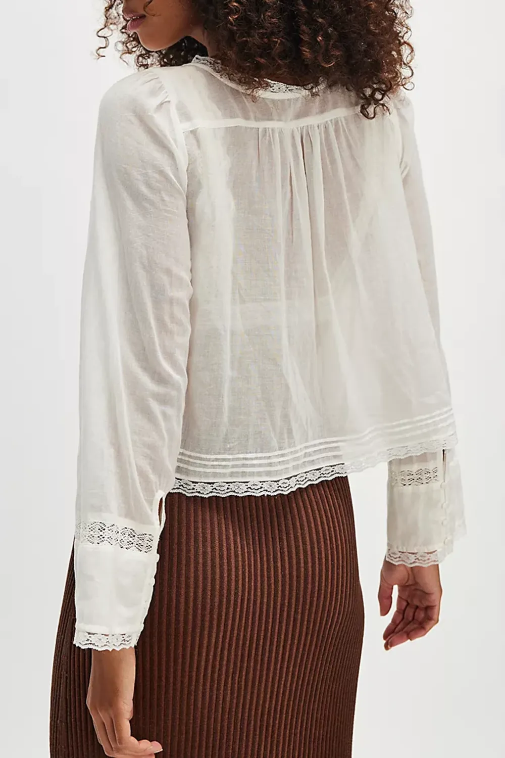 Lace Trimmed Long Sleeve Blouse