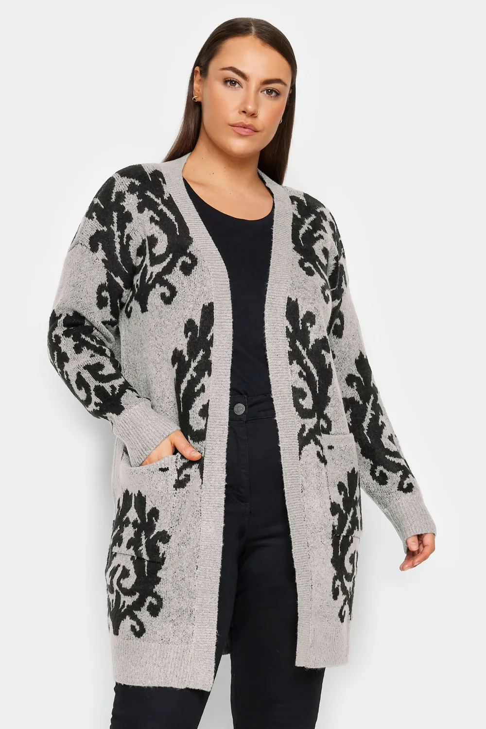 Evans Grey & Black Printed Cardigan