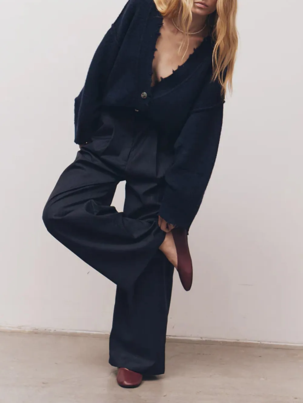 Casual Style V-neck Cardigan Navy