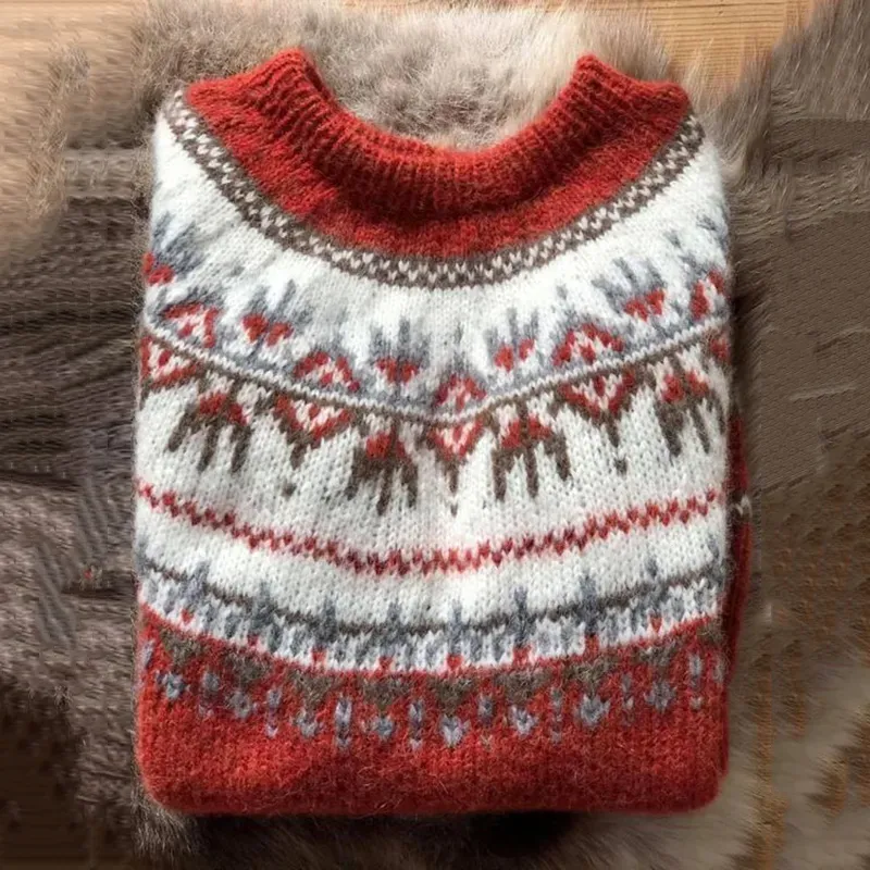 Vintage Geometry Icelandic Pattern Round Neck Comfy Sweater