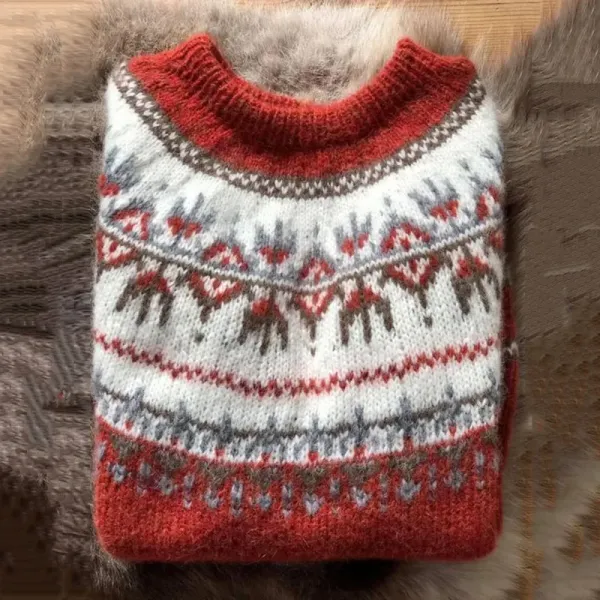 Vintage Geometry Icelandic Pattern Round Neck Comfy Sweater