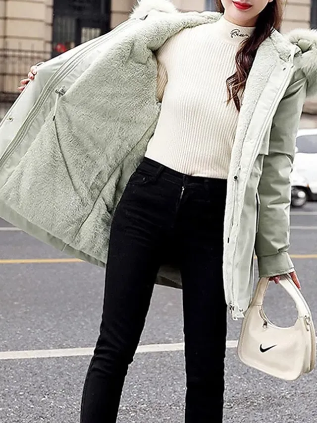 Women's Winter Jacket Winter Coat Parka Hoodie Jacket School Outdoor Street Winter Fall Long Coat Regular Fit Warm Breathable Simple Casual Daily Comfortable Jacket Long Sleeve Solid Color Pure Color