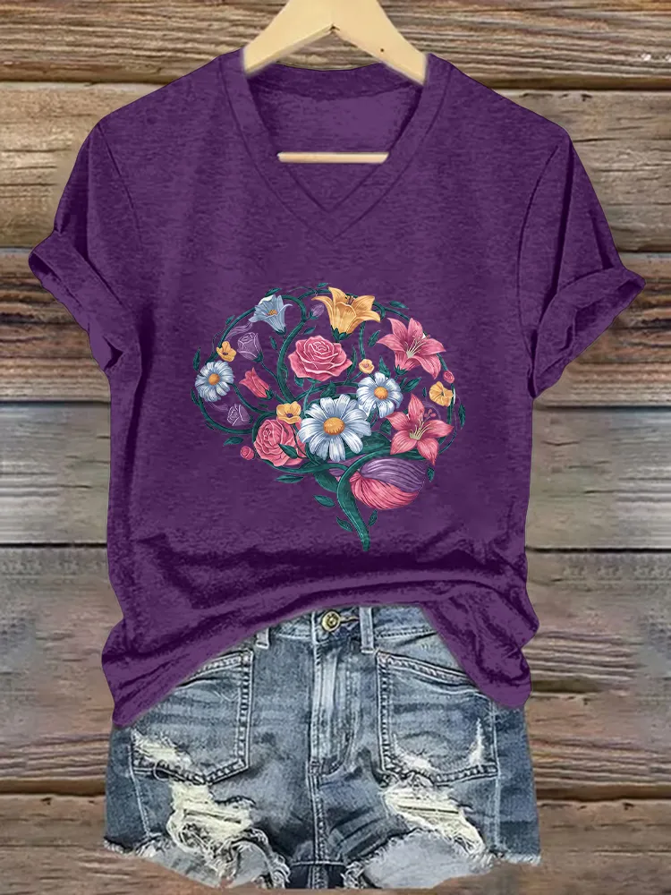 Women'S Flower-Printed Alzheimer'S Awareness V-Neck T-Shirt