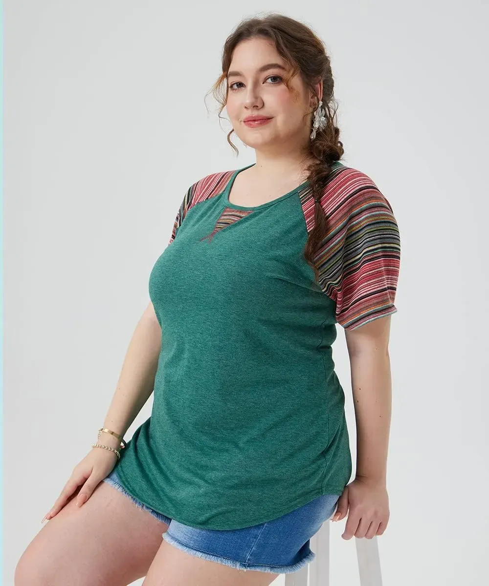 TIYOMI Plus Size T Shirt for Women Short Sleeve Tunic Cross Line Shirts Round Neck Tops Summer Blouse XL-5XL 14-28