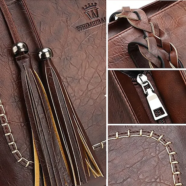 Women's Tote Shoulder Bag Tote PU Leather Office Daily Going out Tassel Large Capacity Solid Color Black Red Light Brown