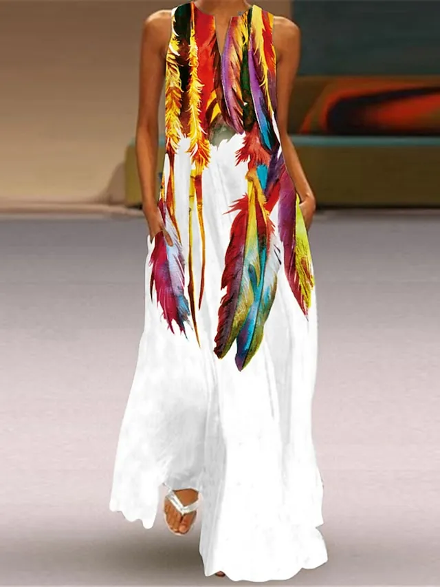 Women's Long Dress Maxi Dress Casual Dress Print Dress Outdoor Holiday Vacation  Print Sleeveless V Neck Dress Regular Fit White Red Blue Summer Spring S M L XL XXL（with no pocket)