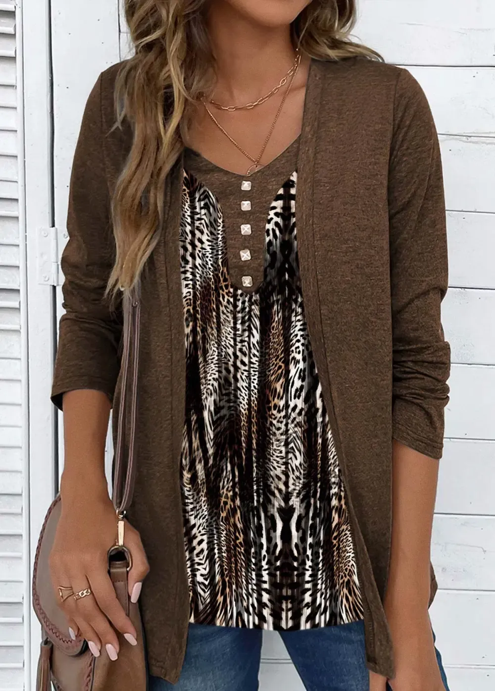 Dark Coffee Fake 2in1 Leopard Long Sleeve T Shirt