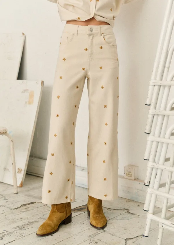 Embroidered Wide-Leg Flared High-Waist Trousers