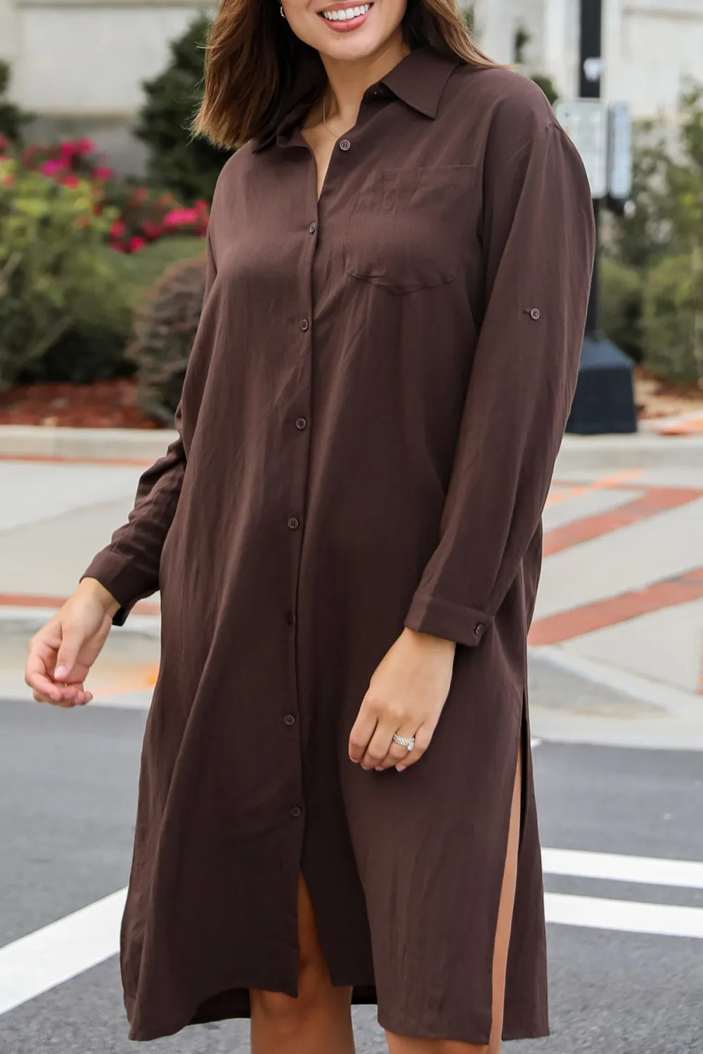 Cherished Chicness Brown Button Front Midi Dress