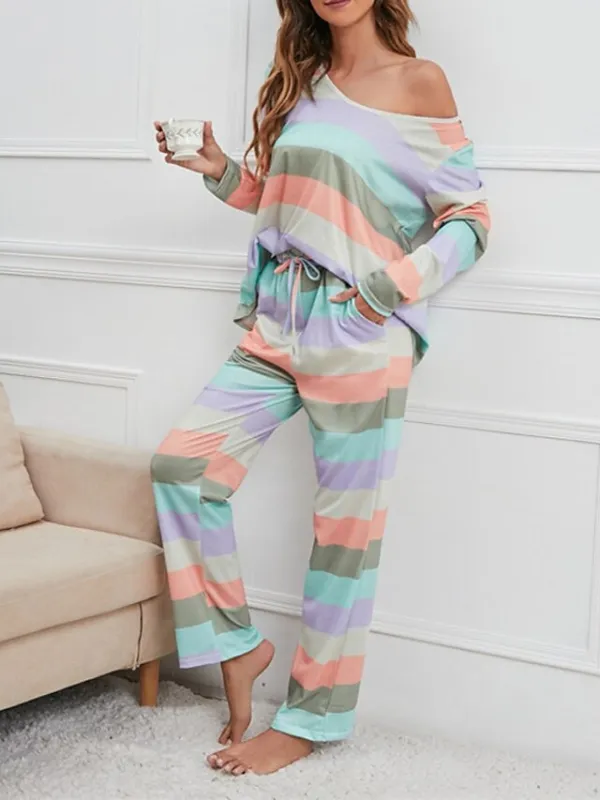 Women's Pajamas Nighty Pjs Sets 2 Pieces Rainbow Stripe Fashion Comfort Soft Home Daily Bed Cotton Breathable V Wire Long Sleeve T shirt Tee Pant Spring Fall Yellow Blue