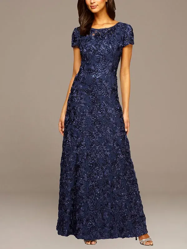 rosette lace cap sleeve a-line gown