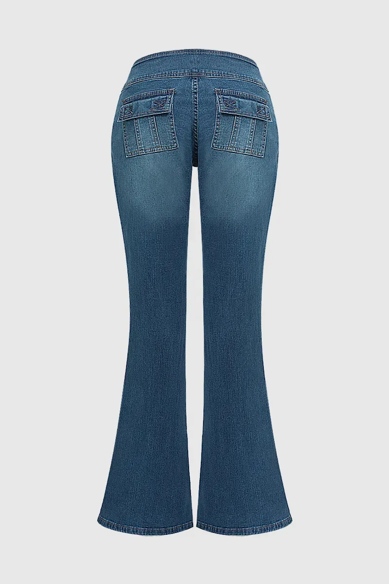 Flap Pocket Button Up Low Rise Flare Jeans