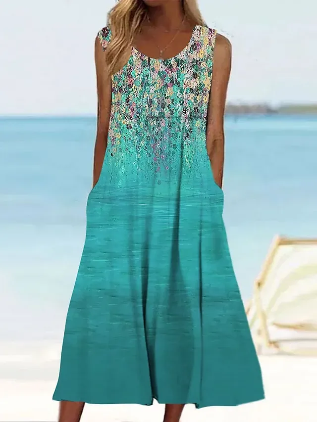 Women's Casual Dress Tank Dress Summer Dress Floral Print Crew Neck Midi Dress Active Fashion Daily Holiday Sleeveless Loose Fit Aqua Blue Cream Wine Summer Spring S M L XL XXL