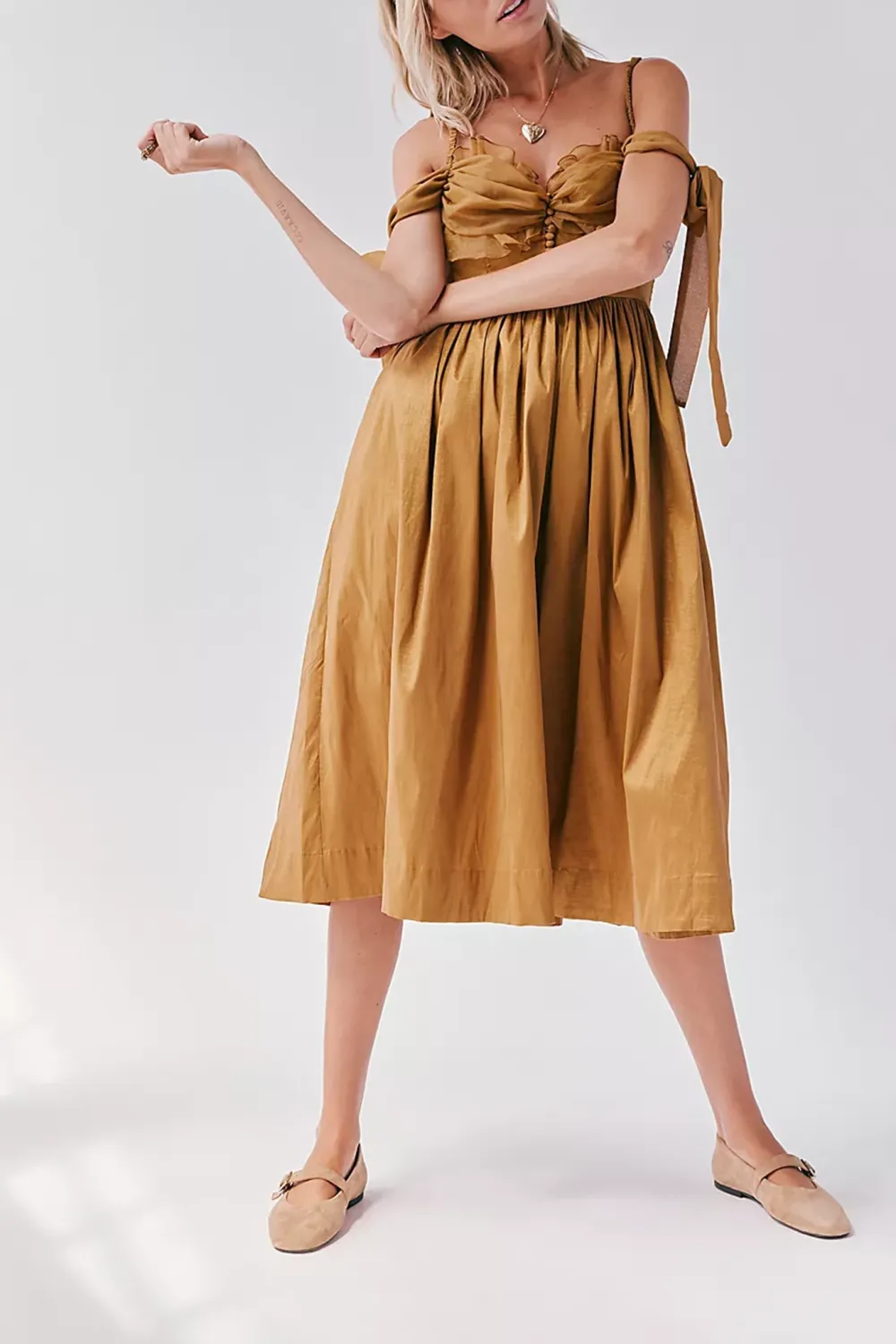 Off Shoulder Lace Trimmed Midi Dress