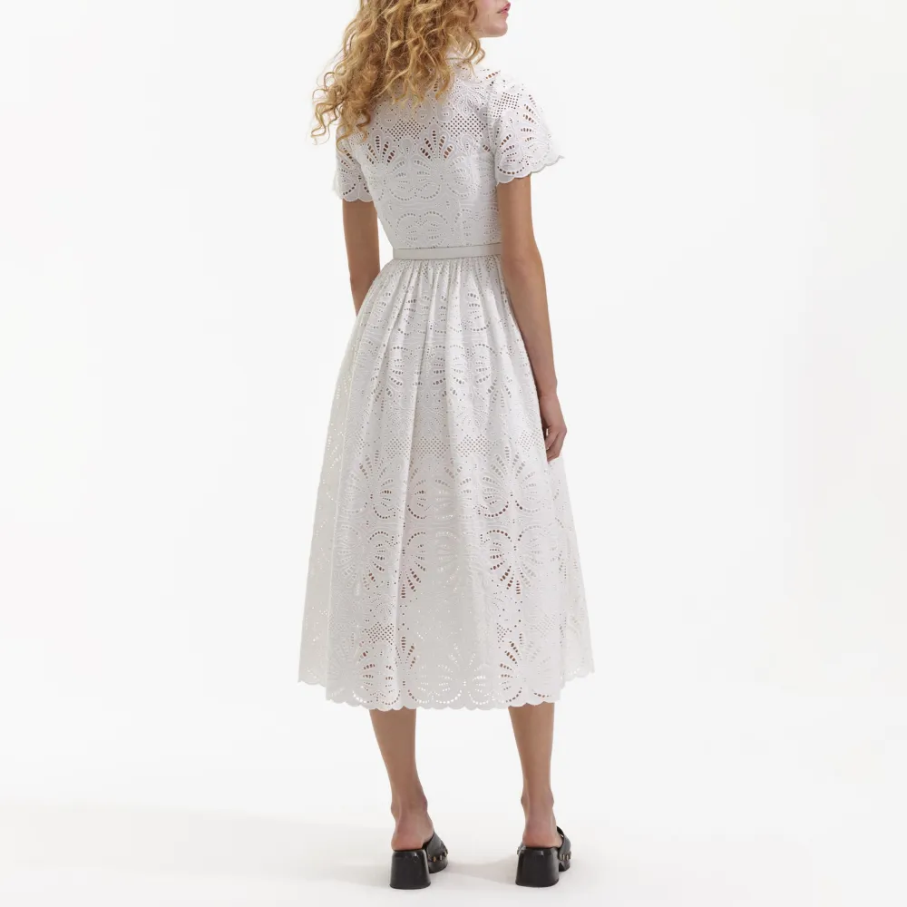 White Cotton Embroidery Midi Dress
