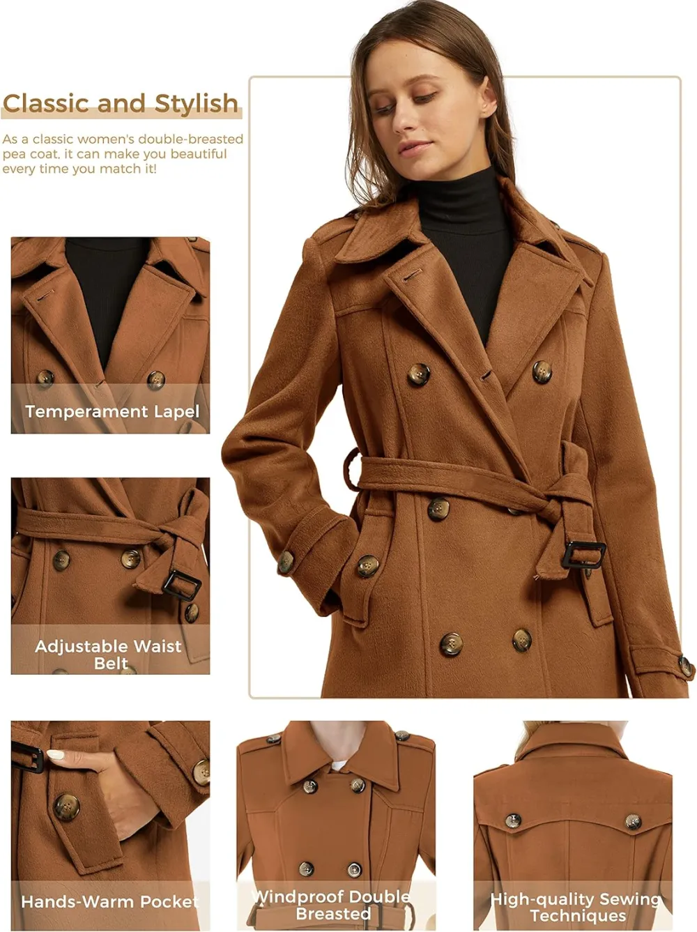 Women's Double Breasted Pea Coat Winter Mid-Long Trench Coat with Belt