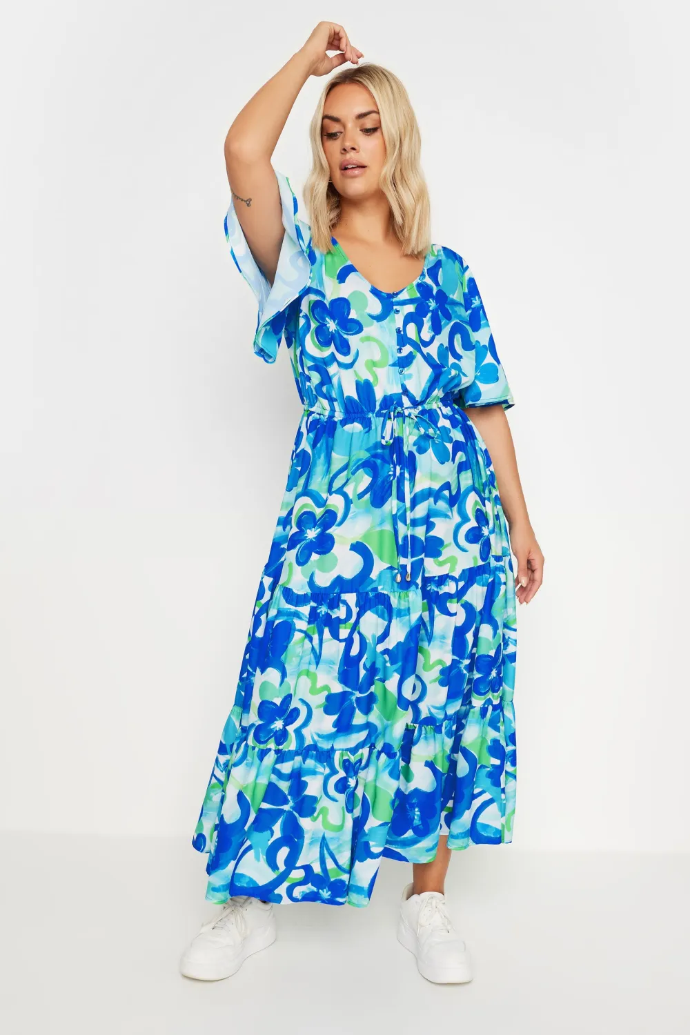 YOURS Curve Aqua Blue Abstract Floral Print Maxi Dress