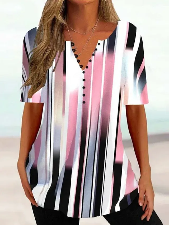 Women's T shirt Tee Black Pink Gray Graphic Floral Button Print Short Sleeve Casual Basic V Neck Regular Floral S