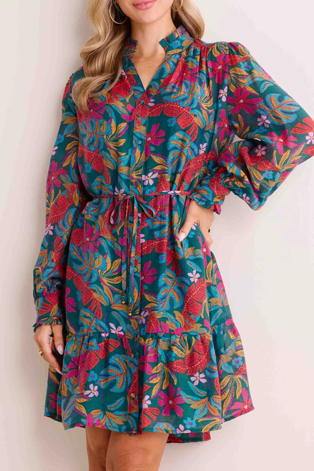 Multicolored Print Puff Sleeve Drawstring Dress