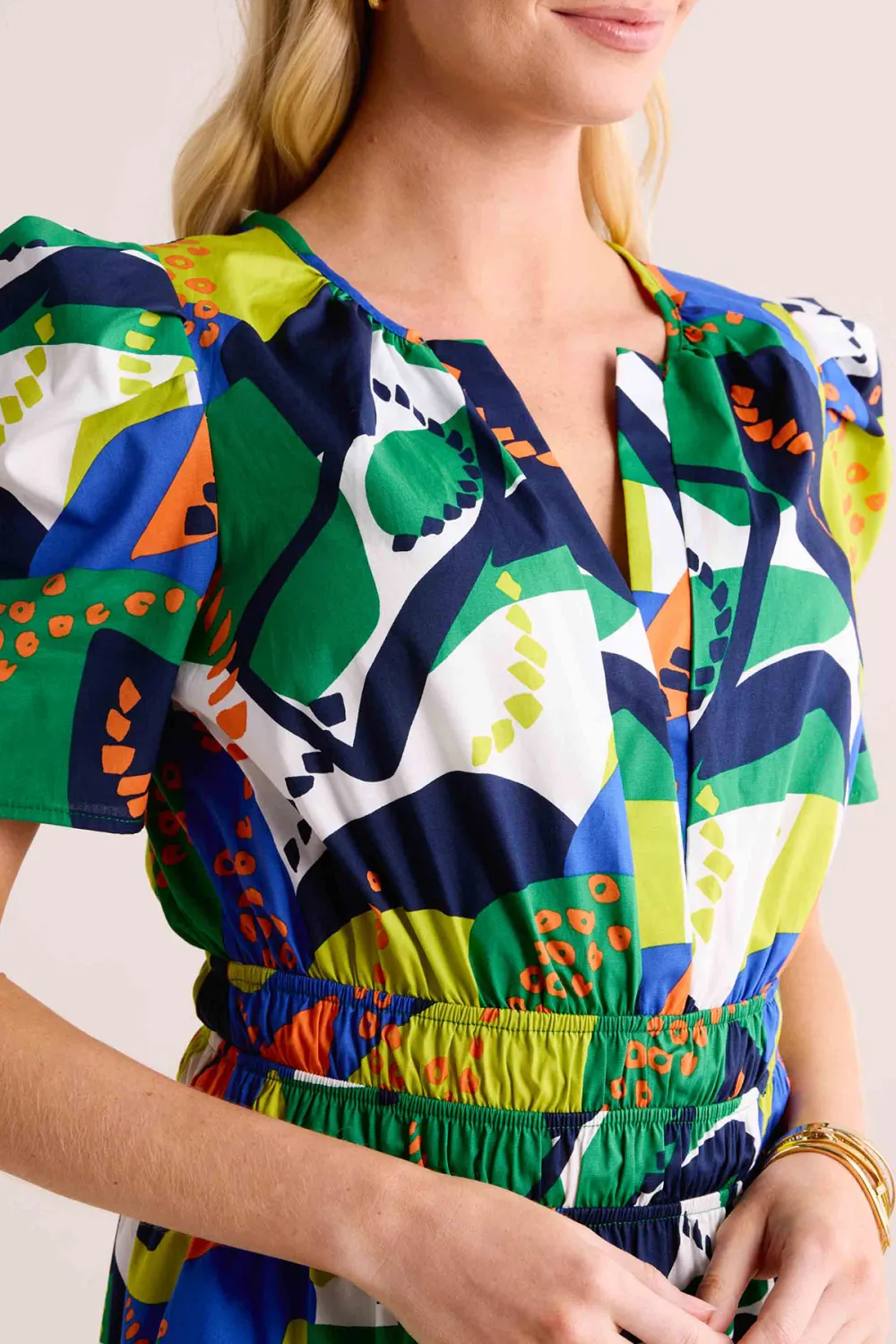 Multi Abstract Print V-Neck Short Sleeve Dress