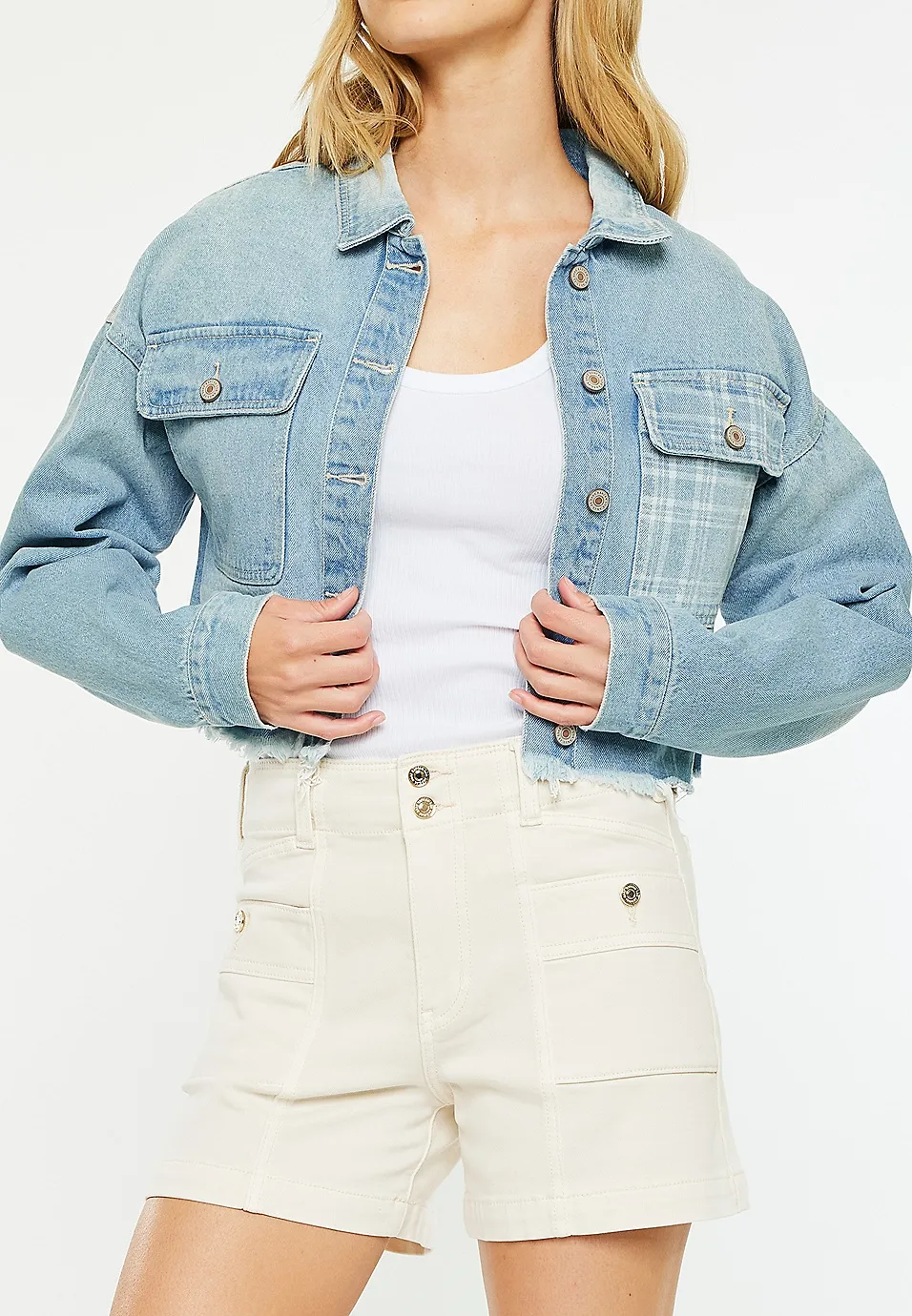 Rigid Plaid Drop Shoulder Crop Jacket