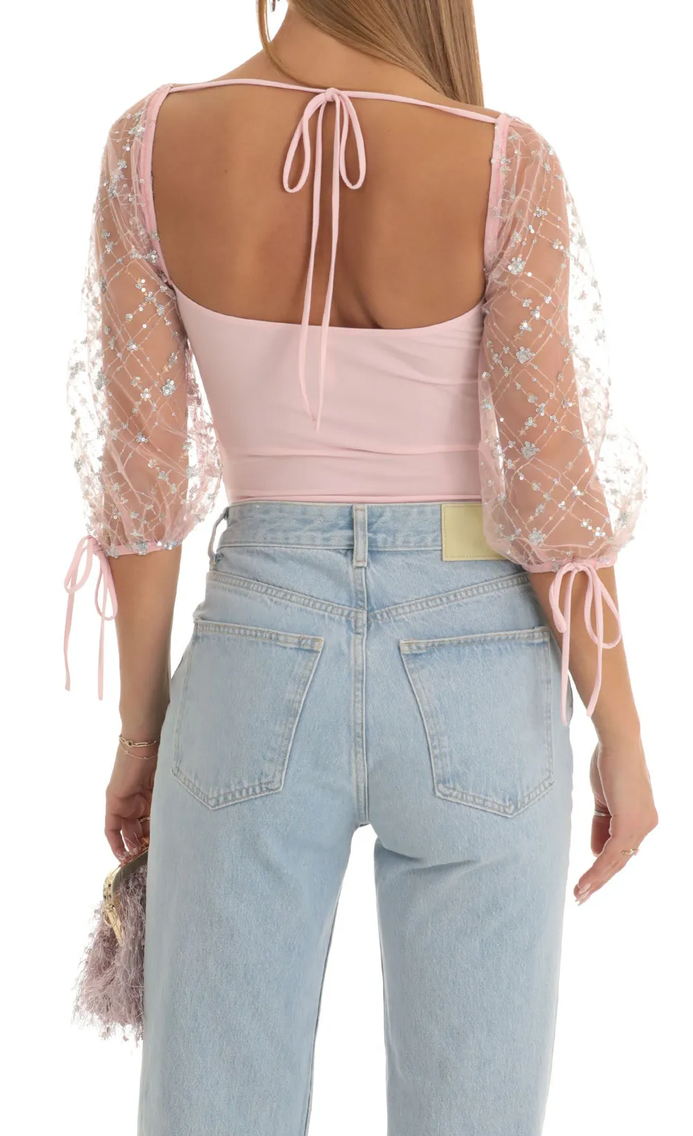 Sequin Puff Sleeve Bodysuit in Pink