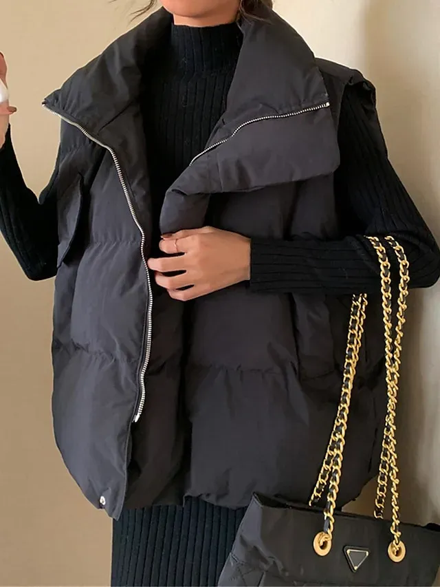 Women's Puffer Vest Long Sleeveless Parka Warm Heated Quilted Gilet Winter Coat Zipper Stand Collar Jacket with Pocket Outerwear Black White S M L XL
