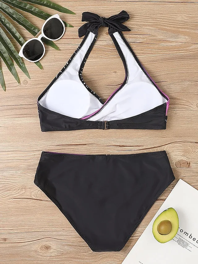 Women's Swimwear Bikini Plus Size Swimsuit 2 Piece Stripe Striped Black Burgundy Blue Lavender Purple Bandeau Bathing Suits Sports Push Up Summer