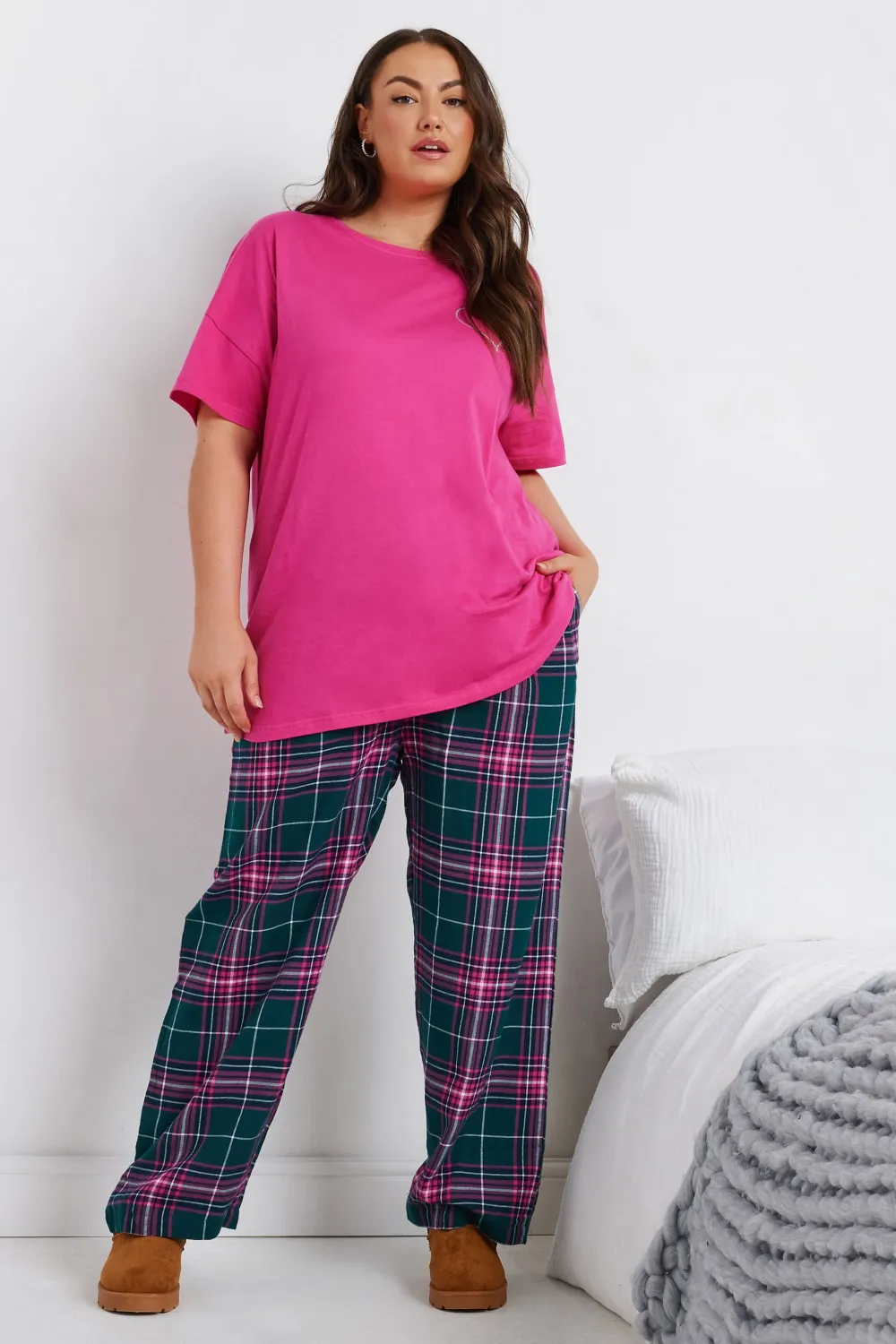 YOURS Curve Green & Pink Boyfriend Check Pyjama Bottoms