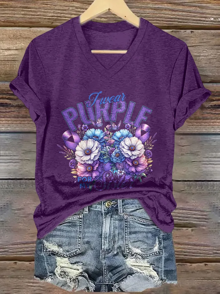 Women'S  purple V-Neck T-Shirt