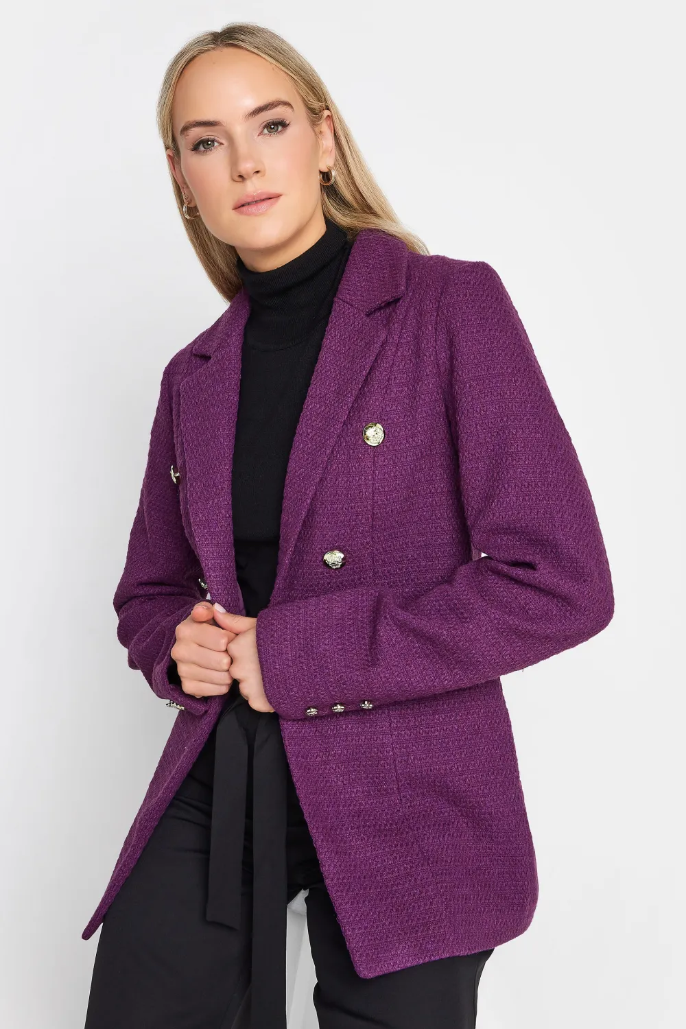LTS Tall Dark Purple Boucle Button Detail Blazer