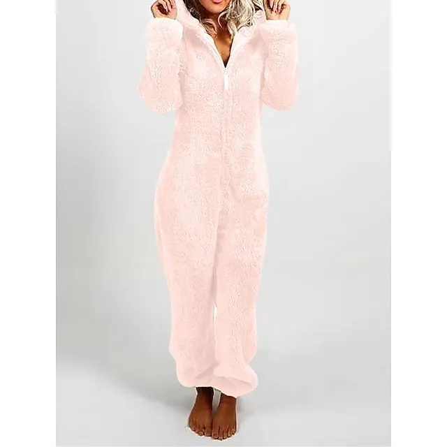 Women's Adult Onesies Onesie Pajamas Pure Color Plush Casual Comfort Home Daily Bed Polar Fleece Warm Hoodie Long Sleeve Fall Winter Light Pink claret