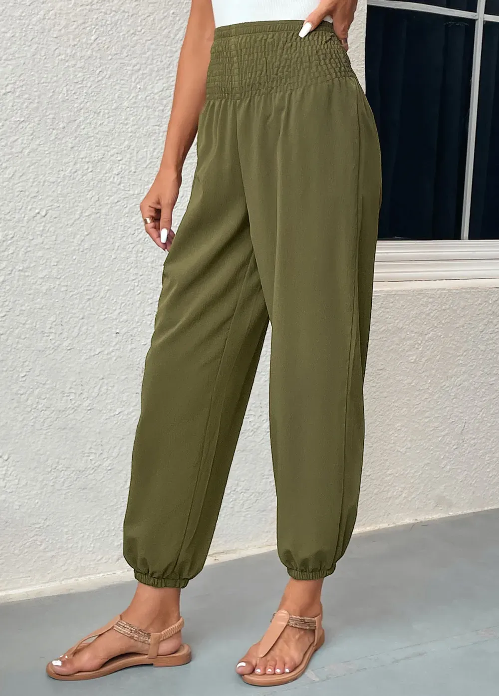 Blackish Green Smocked Regular Elastic Waist Pants