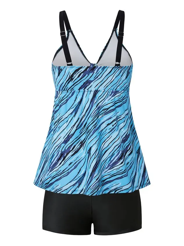 Vacation Abstract Printing Scoop Neck Tankinis Two-Piece Set