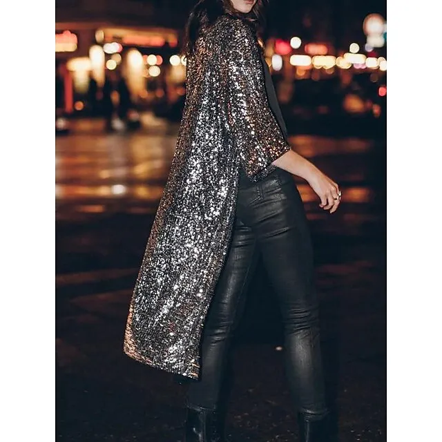 Women's Casual Jacket Sparkly Sequins Fall Spring Regular Coat Regular Fit Windproof Breathable Stylish Colorful Jacket 3/4 Length Sleeve Pure Color Silver Lotus Wine Party Street Vacation