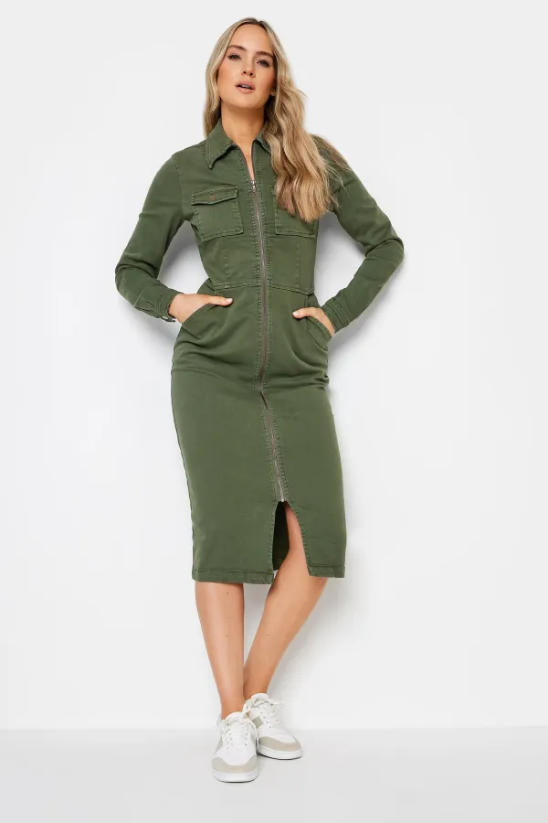 LTS Tall Khaki Green Denim Zip Through Midi Dress