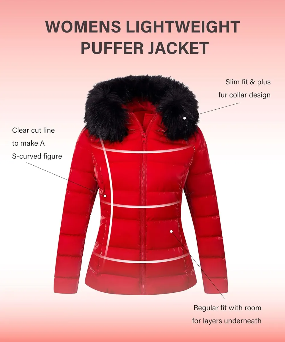 Womens Lightweight Puffer Jacket, Winter Coats for Women Warm Quilted Bubble Padded Hood Coat with Faux Fur Collar