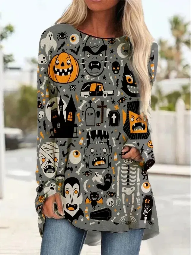 Casual Halloween Crew Neck Long Sleeve T-shirt