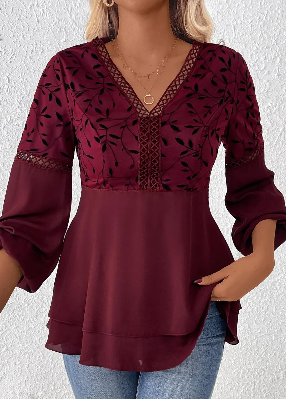 Wine Red Patchwork Leaf Print Long Sleeve Blouse